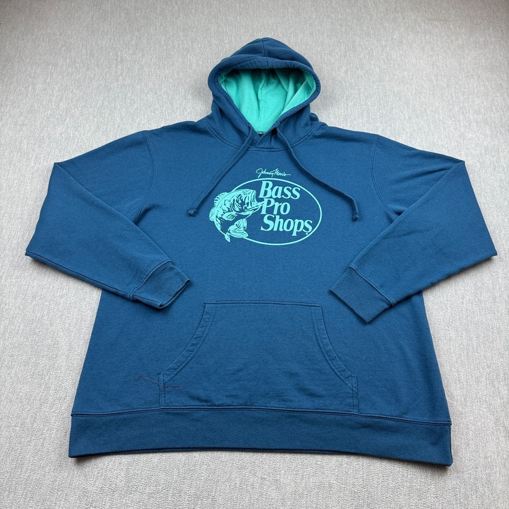 Bass Pro Shops Pullover Mens XL Blue Graphic Hoodie Sweatshirt Long Sleeve Top